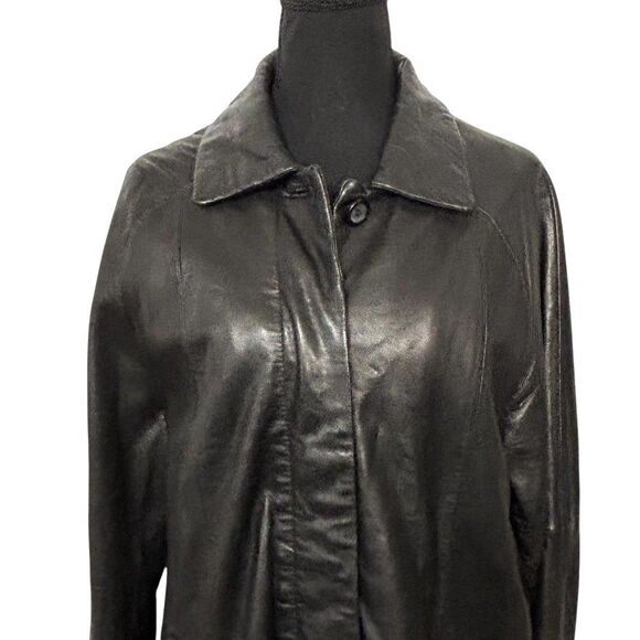 AMBITION NY Genuine Leather Trenchcoat Jacket Black Hidden Buttons - Picture 2 of 12